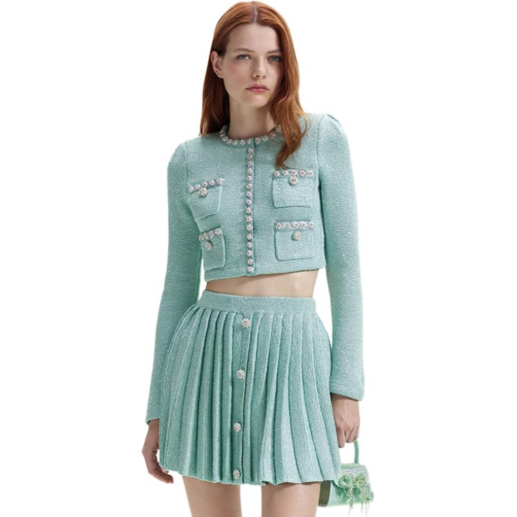 (Women) Self-Portrait  Mint Green Tweed Round-Neck Long-Sleeve Jacket SWF351M03400