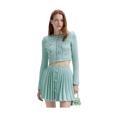 (Women) Self-Portrait Mint Green Tweed Round-Neck Long-Sleeve Jacket SWF351M03400