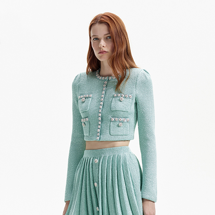 (Women) Self-Portrait  Mint Green Tweed Round-Neck Long-Sleeve Jacket SWF351M03400 圖 3