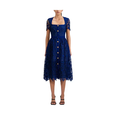 (Women) Self-Portrait Navy Blue Embroidered Lace Short Sleeve Dress SWF341Y07900