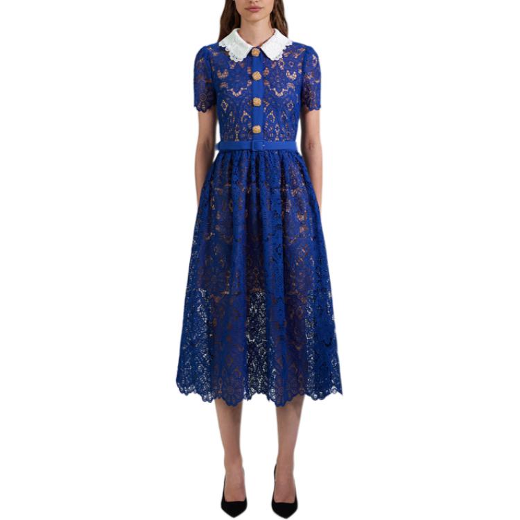 (Women) Self-Portrait  Navy Blue Short Sleeve Dress with Peter Pan Collar SWF341Y00400