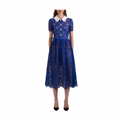 (Women) Self-Portrait Navy Blue Short Sleeve Dress with Peter Pan Collar SWF341Y00400
