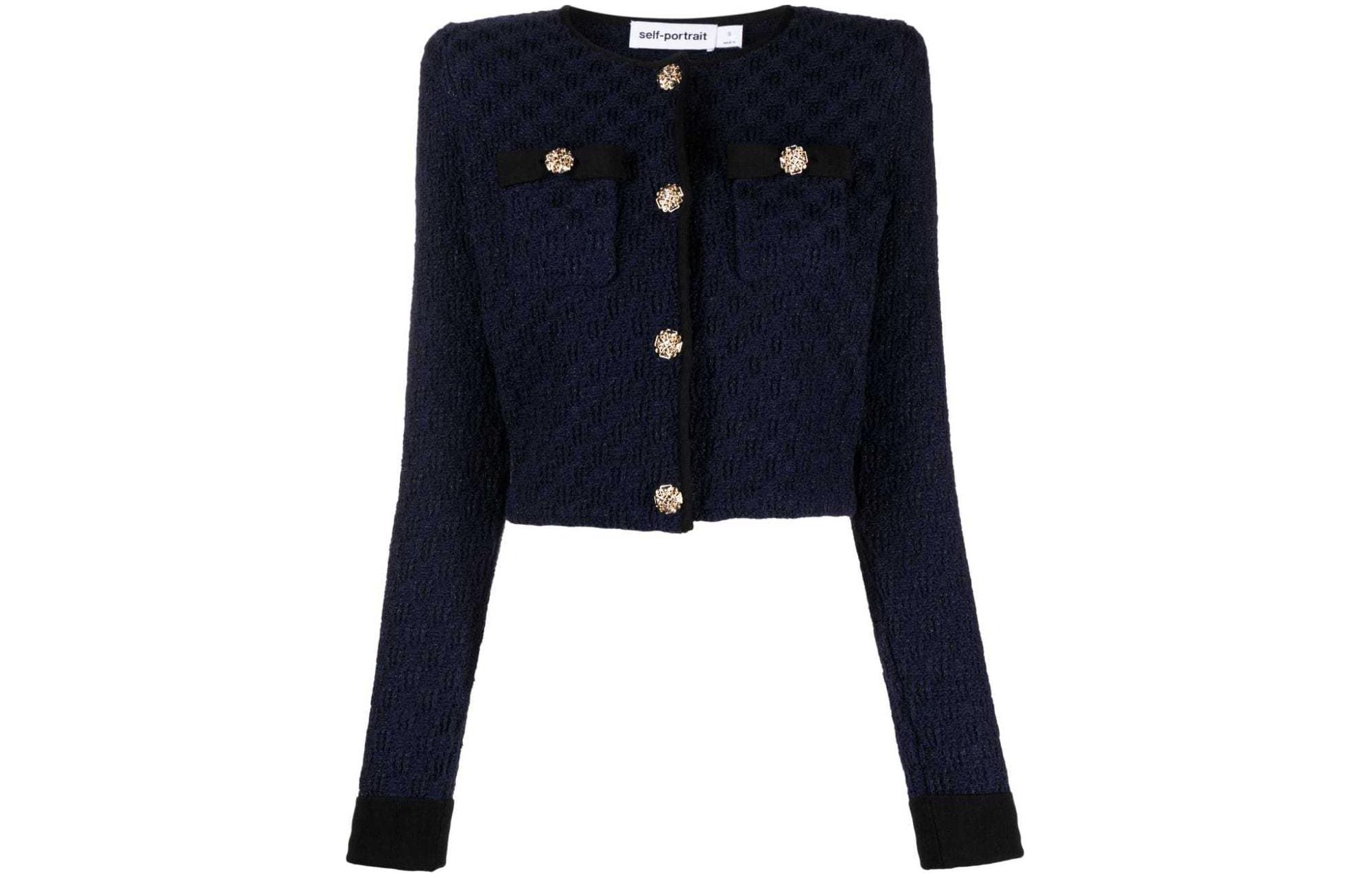 (Women) Self-Portrait  Navy Blue Slim Fit Long Sleeve Cropped Jacket. RS24153JBL-NAVY