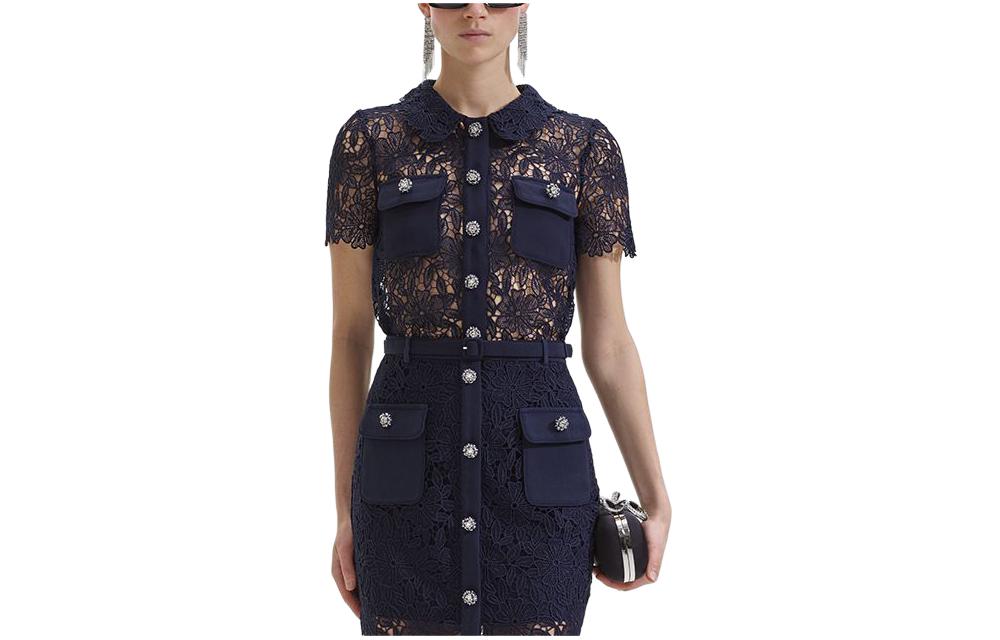 (Women) Self-Portrait  Navy Lace Square-Neck Short-Sleeve Shirt. SWF352C04800