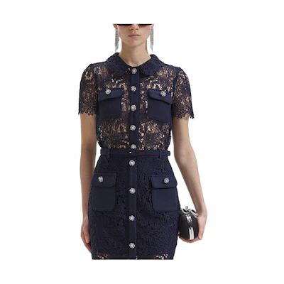 (Women) Self-Portrait Navy Lace Square-Neck Short-Sleeve Shirt. SWF352C04800