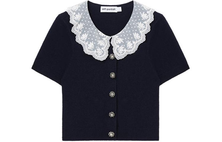 (Women) Self-Portrait  Navy Lace Trim Short Sleeve Crewneck Knit Sweater. SWF352M05500