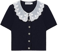 (Women) Self-Portrait Navy Lace Trim Short Sleeve Crewneck Knit Sweater. SWF352M05500 (Women) Self-Portrait Navy Lace Trim Short Sleeve Crewneck Knit Sweater. SWF352M05500