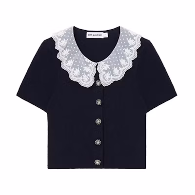 (Women) Self-Portrait Navy Lace Trim Short Sleeve Crewneck Knit Sweater. SWF352M05500