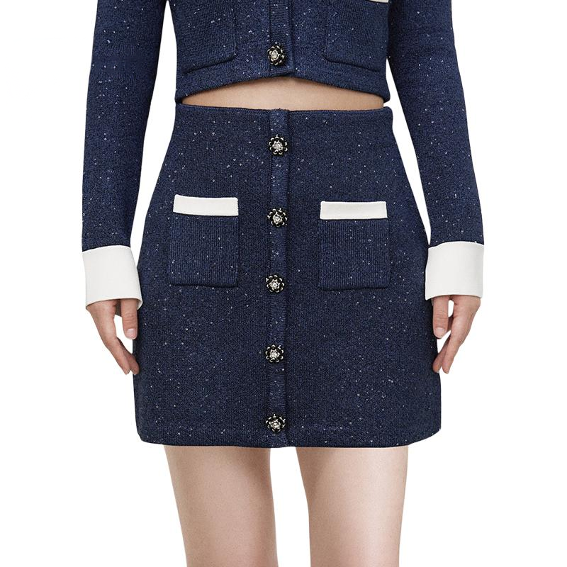 (Women) Self-Portrait  Navy Mid-Rise Casual Fitted Mini Skirt SWF344M04300