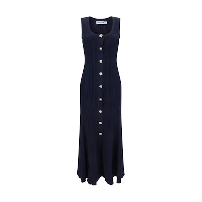 (Women) Self-Portrait Navy Sleeveless Button-Front Slim Maxi Dress PF24143MBLBLUE