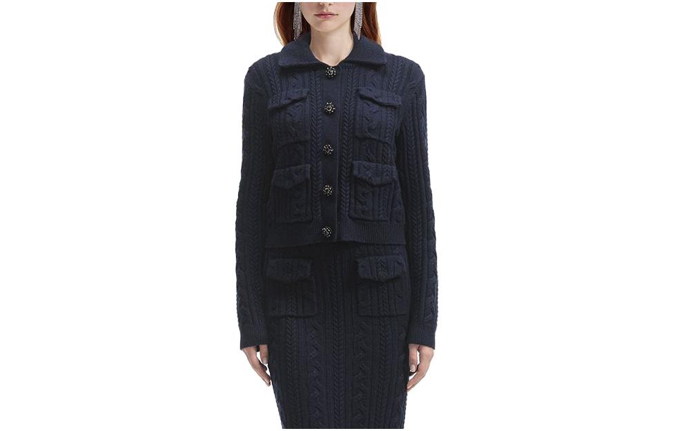 (Women) Self-Portrait  Navy Slim-Fit Knit Cardigan Sweater Long-Sleeve SWF351M00200