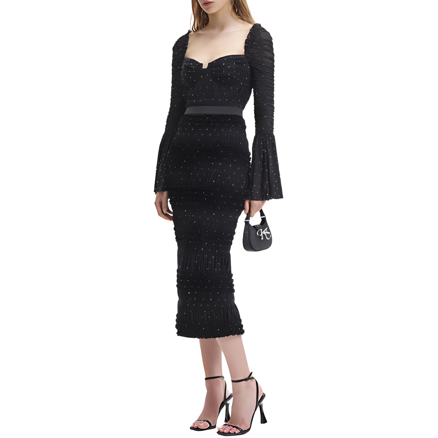 (Women) Self-Portrait  Off-Shoulder High-Waist Long Sleeve Dress in Classic Black. SWF344Y20200