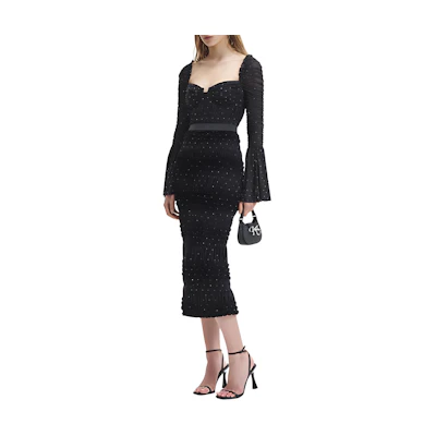(Women) Self-Portrait Off-Shoulder High-Waist Long Sleeve Dress in Classic Black. SWF344Y20200