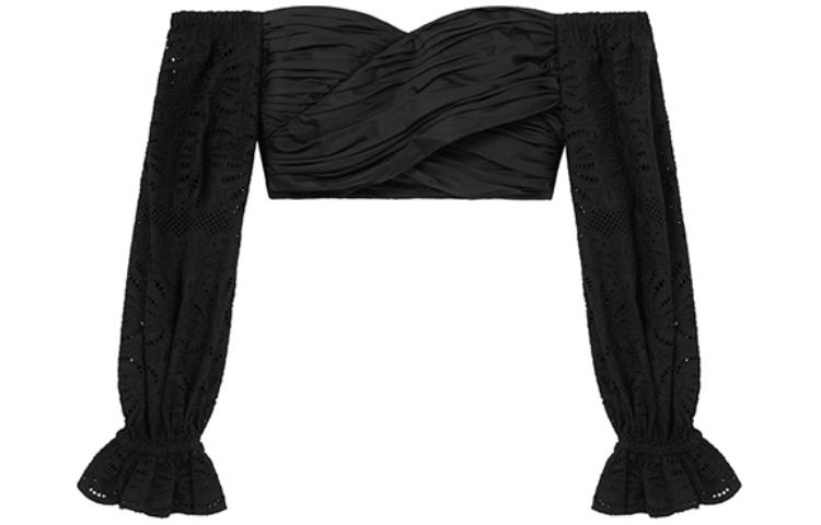 (Women) Self-Portrait  Off-Shoulder Long Sleeve Cropped Top in Black SWF352C04700