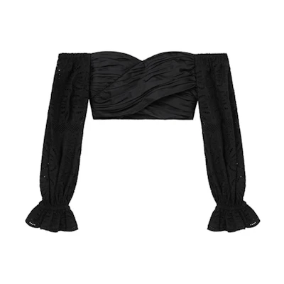 (Women) Self-Portrait Off-Shoulder Long Sleeve Cropped Top in Black SWF352C04700