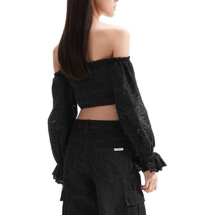 Shop (W) Self-Portrait 黑色露肩長袖短版上衣 SWF352C04700