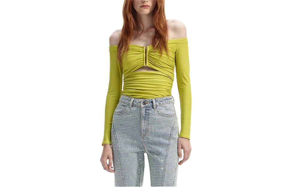(Women) Self-Portrait  Off-Shoulder Ruched Long Sleeve Top Yellow Green SWF351C01000