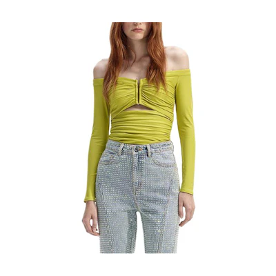 (Women) Self-Portrait Off-Shoulder Ruched Long Sleeve Top Yellow Green SWF351C01000