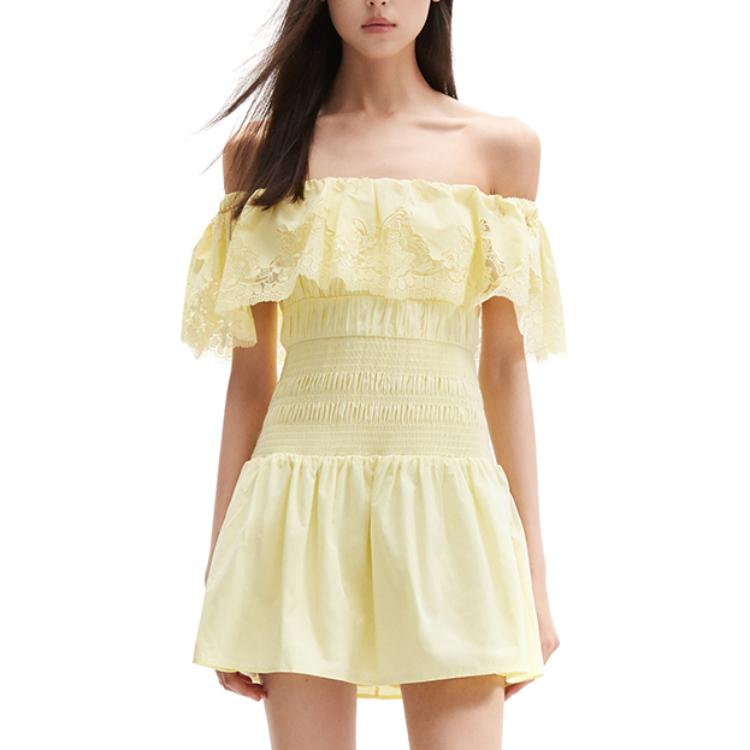 (Women) Self-Portrait  Off-Shoulder Sleeveless Mini Dress Cream Yellow. SWF352Y22600