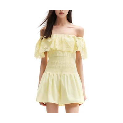 (Women) Self-Portrait Off-Shoulder Sleeveless Mini Dress Cream Yellow. SWF352Y22600