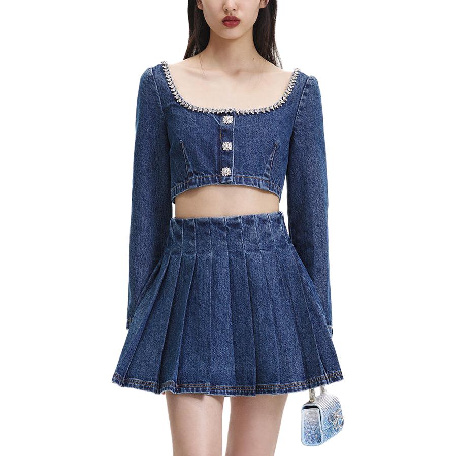 (Women) Self-Portrait  Pearl Button Sweetheart Denim Blue Cropped Blouse. SWF344C03300