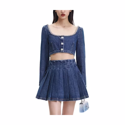 (Women) Self-Portrait Pearl Button Sweetheart Denim Blue Cropped Blouse. SWF344C03300