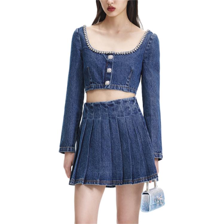 Lookbook (W) Self-Portrait 珍珠扣甜心藍色短版牛仔襯衫。 SWF344C03300