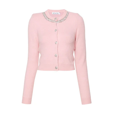 (Women) Self-Portrait Pink Cropped Cardigan Long Sleeve Knitwear AW24079CPINK