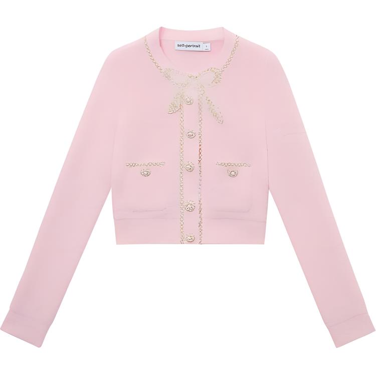 (Women) Self-Portrait  Pink Knit Cardigan Sweater with Bow Pockets - Trendy & Chic. SWF344M05700
