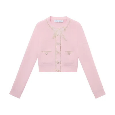 (Women) Self-Portrait Pink Knit Cardigan Sweater with Bow Pockets - Trendy & Chic. SWF344M05700