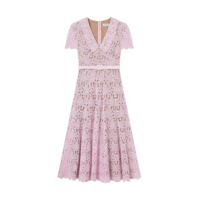 (Women) Self-Portrait Pink Lace Midi Dress Elegant Party Gown Short-Sleeve SWF352Y13000