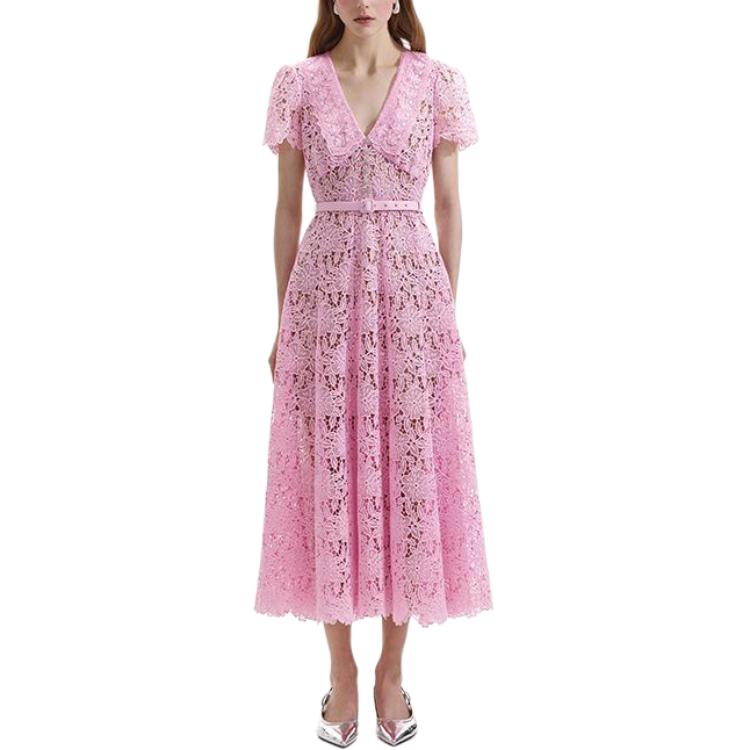 (Women) Self-Portrait  Pink Lace Midi Dress Elegant Party Gown Short-Sleeve SWF352Y13000 圖 3