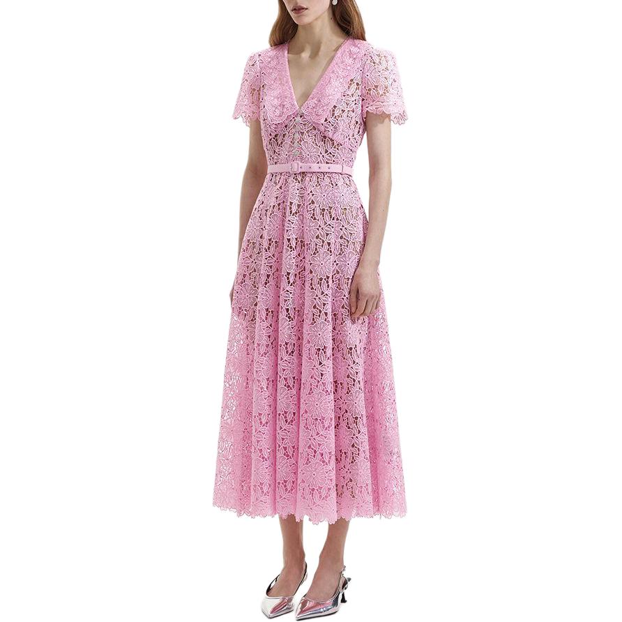 (Women) Self-Portrait  Pink Lace Midi Dress Elegant Party Gown Short-Sleeve SWF352Y13000 圖 5
