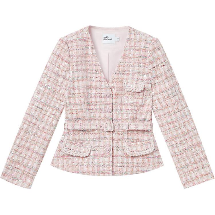 (Women) Self-Portrait  Pink Plaid Sequin V-Neck Wool Jacket Casual & Chic SWF343T00700
