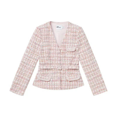 (Women) Self-Portrait Pink Plaid Sequin V-Neck Wool Jacket Casual & Chic SWF343T00700