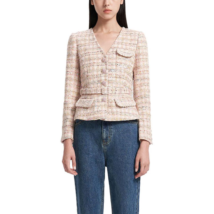 (Women) Self-Portrait  Pink Plaid Sequin V-Neck Wool Jacket Casual & Chic SWF343T00700 圖 3