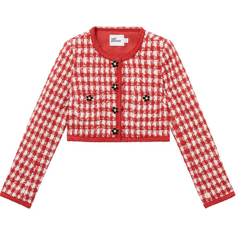 (Women) Self-Portrait  Pink Plaid Wool Knit Cardigan Jacket - Chic Fall/Winter Style SWF344T02100