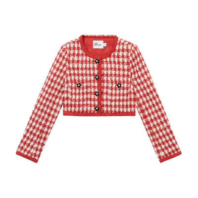 (Women) Self-Portrait Pink Plaid Wool Knit Cardigan Jacket - Chic Fall/Winter Style SWF344T02100