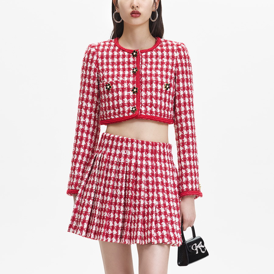 (Women) Self-Portrait  Pink Plaid Wool Knit Cardigan Jacket - Chic Fall/Winter Style SWF344T02100 圖 3