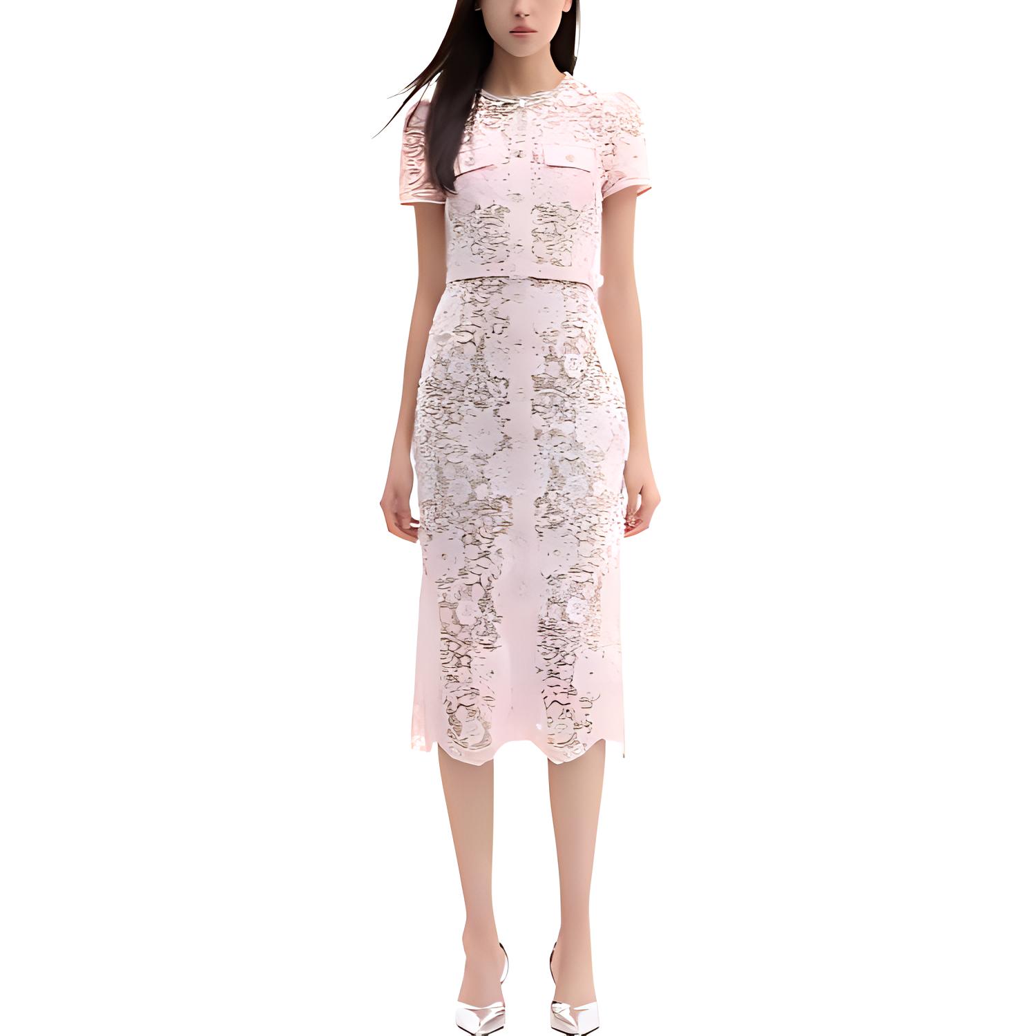 (Women) Self-Portrait  Pink Short Sleeve Button-Down Midi Dress SWF353Y07400