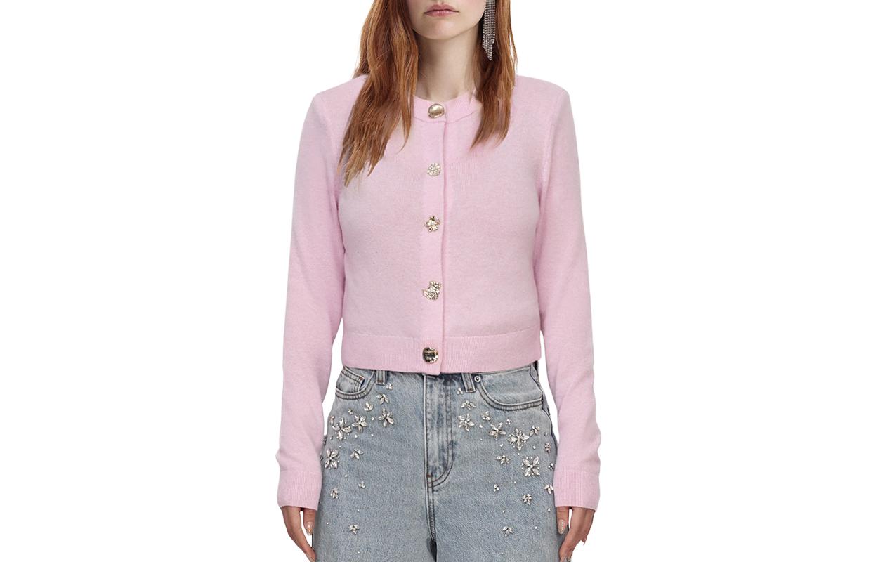 (Women) Self-Portrait  Pink Solid Color Round Neck Cardigan Long Sleeve Sweater SWF352M08800