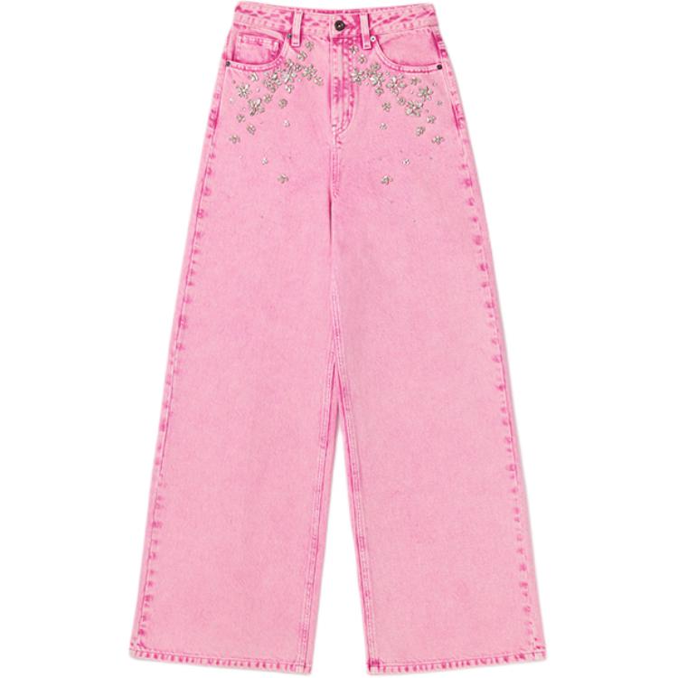 (Women) Self-Portrait  Pink Wide-Leg Jeans with Rhinestone Details SWF352K02600