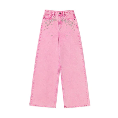 (Women) Self-Portrait Pink Wide-Leg Jeans with Rhinestone Details SWF352K02600