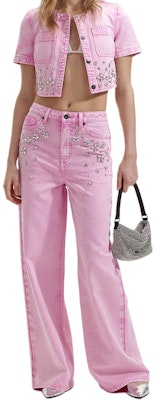 (W) Self-Portrait Jeans Pink Kaki Lebar dengan Hiasan Permata. SWF352K02600 Shop (W) Self-Portrait Jeans Pink Kaki Lebar dengan Hiasan Permata. SWF352K02600