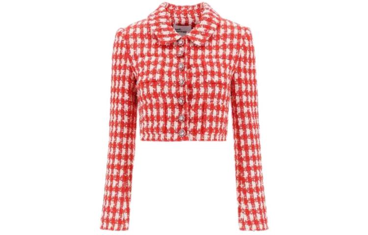 (Women) Self-Portrait  Plaid Button-Up Cropped Long-Sleeve Jacket - Red. SC23009JRRED