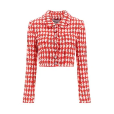 (Women) Self-Portrait Plaid Button-Up Cropped Long-Sleeve Jacket - Red. SC23009JRRED