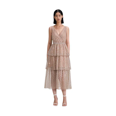 (Women) Self-Portrait Platinum Sequin V-Neck Sleeveless Dress Ivory White SWF342Y16000