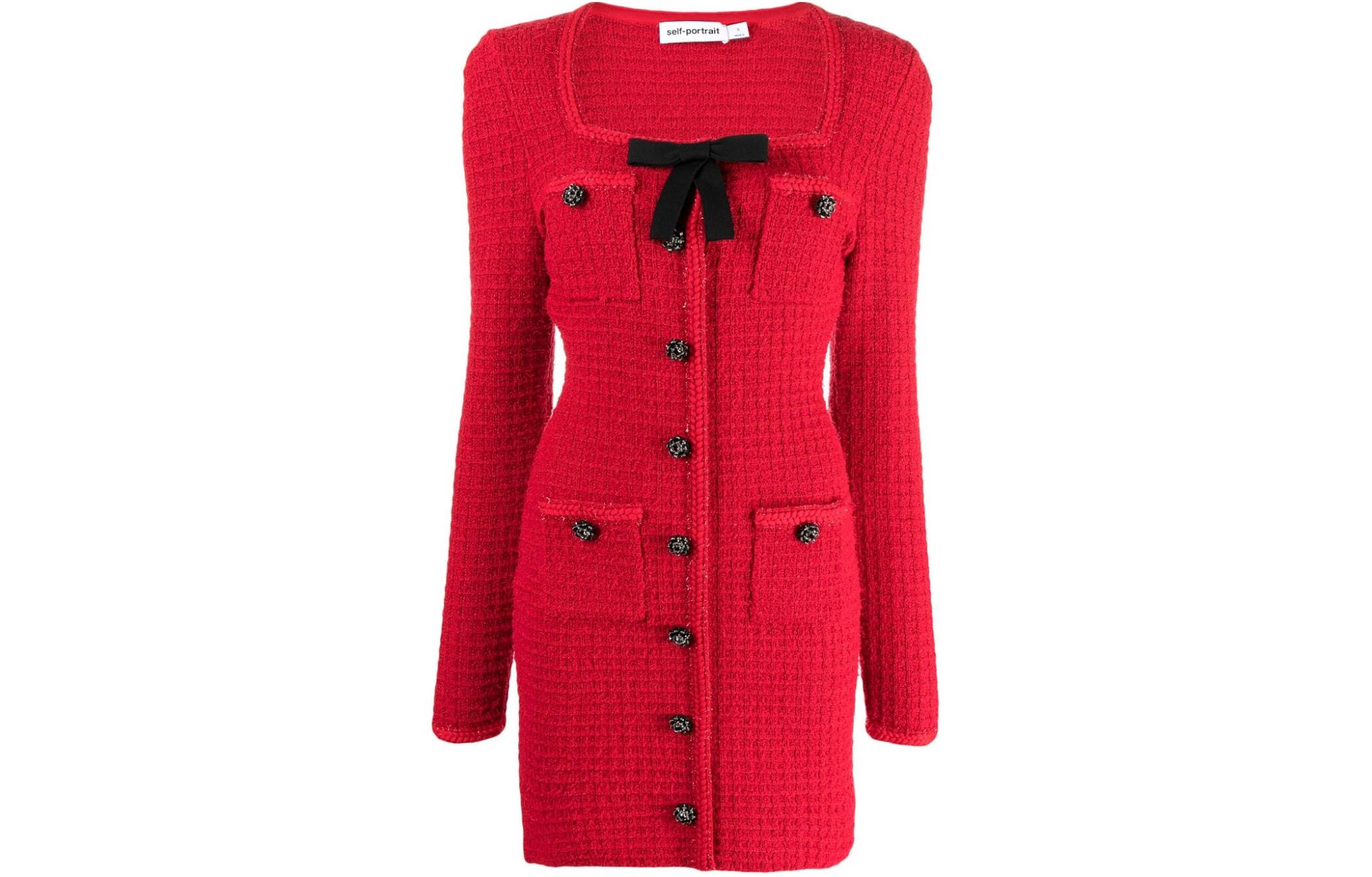 (Women) Self-Portrait  Red Knitted Bow Detail Buttoned Long Sleeve Dress RS24912SR