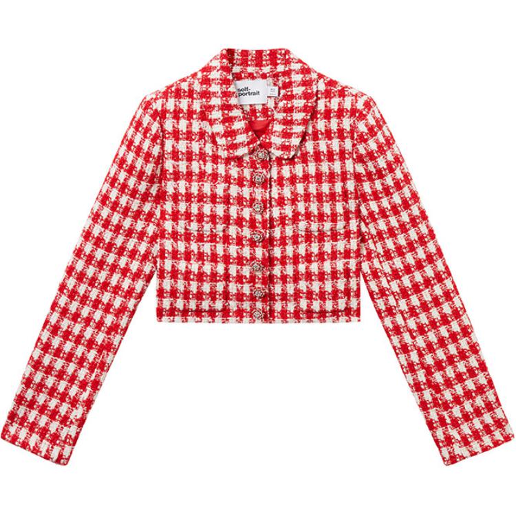 (Women) Self-Portrait  Red Pink Plaid Tweed Knitted Short Jacket Cardigan SWF344T02000