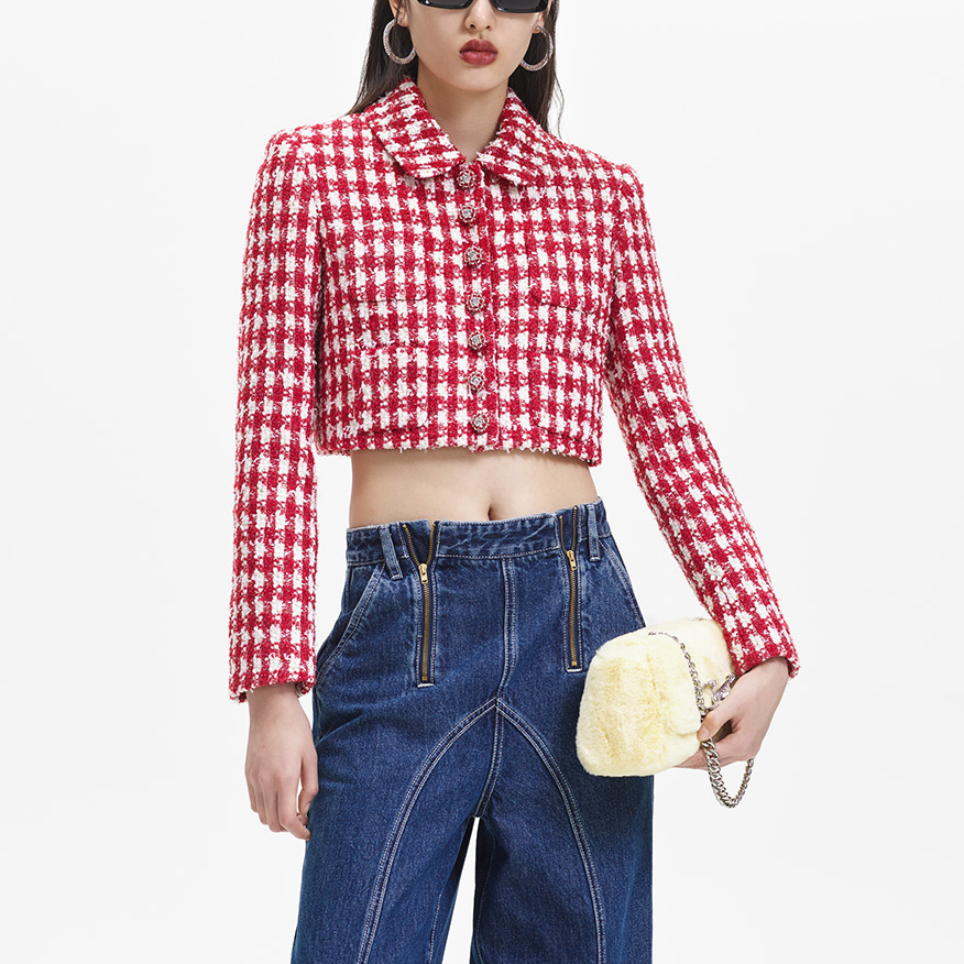 (Women) Self-Portrait  Red Pink Plaid Tweed Knitted Short Jacket Cardigan SWF344T02000 圖 3